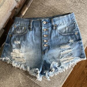 Blue Spice Button Fly A-Line Flex Waistband Distressed Cut Off Jean Shorts